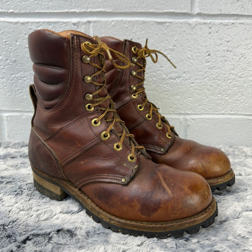 VTG Carolina Logger Boots Brown Leather Lace Up Lug Sole / Mens 8